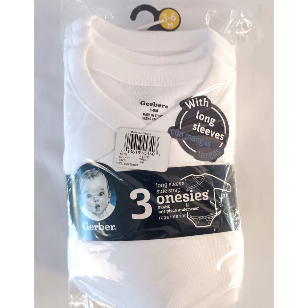 Gerber Onesies Brand 3 Pack Long Sleeve White Bodysuit 3-6M Unisex